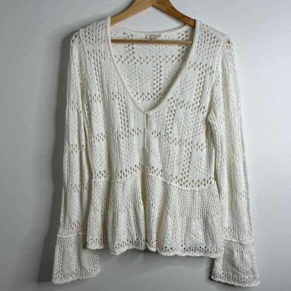 Pilcro Cardigan Sweater Sz Sm Crochet White Pointelle Peplum Bell Sleeve Boho - Picture 1 of 10